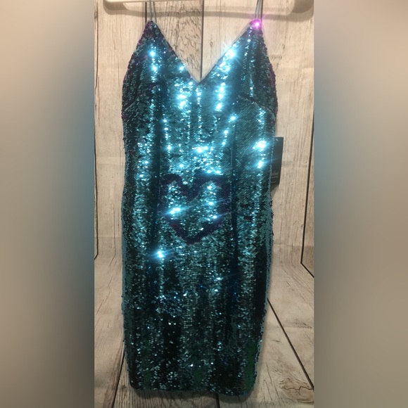 NWT!!! Aidan Mattox Teal/Purple FlipSequin Cocktail Spagh Strap Dress Sz 2 - Picture 4 of 14